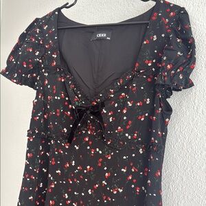 Cider Red and White Puff Sleeve dress with Tie Front
